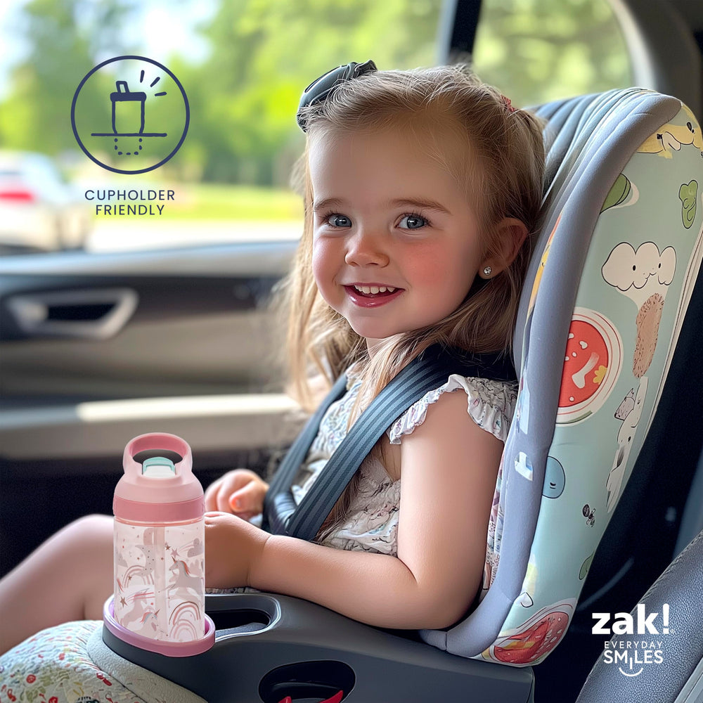 Zak Designs Bluey Atlantic bottle fits car cup holders during travel.