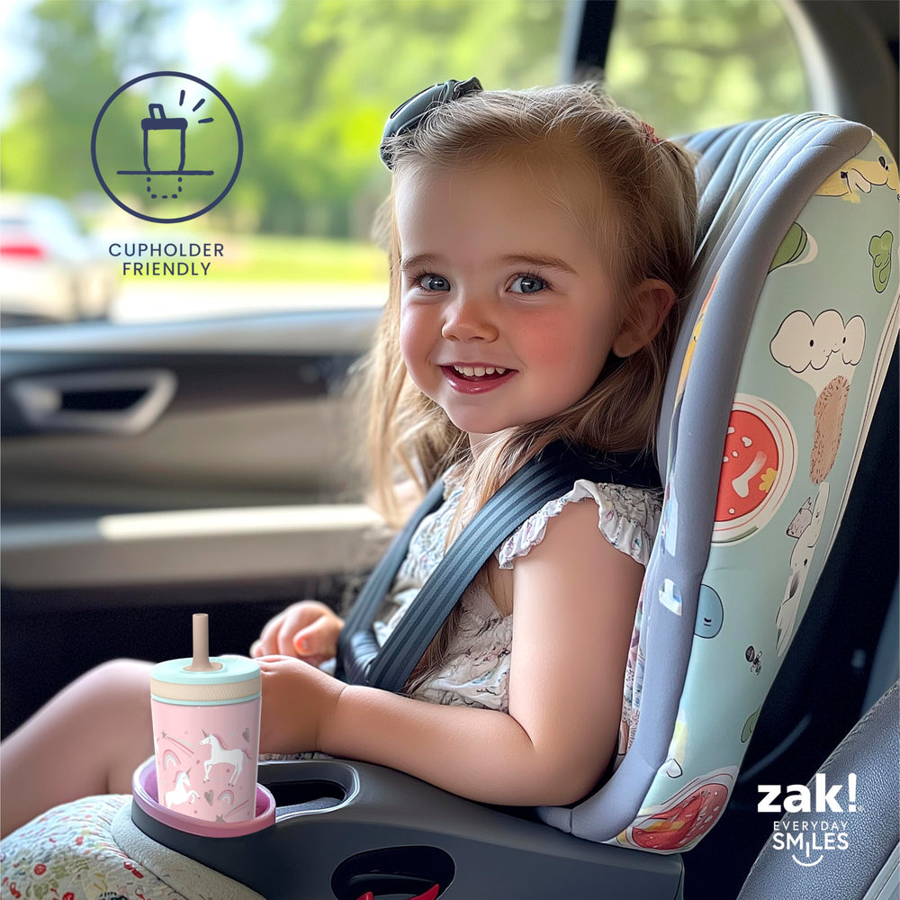 Compact 12-ounce capacity fits little hands and car cup holders