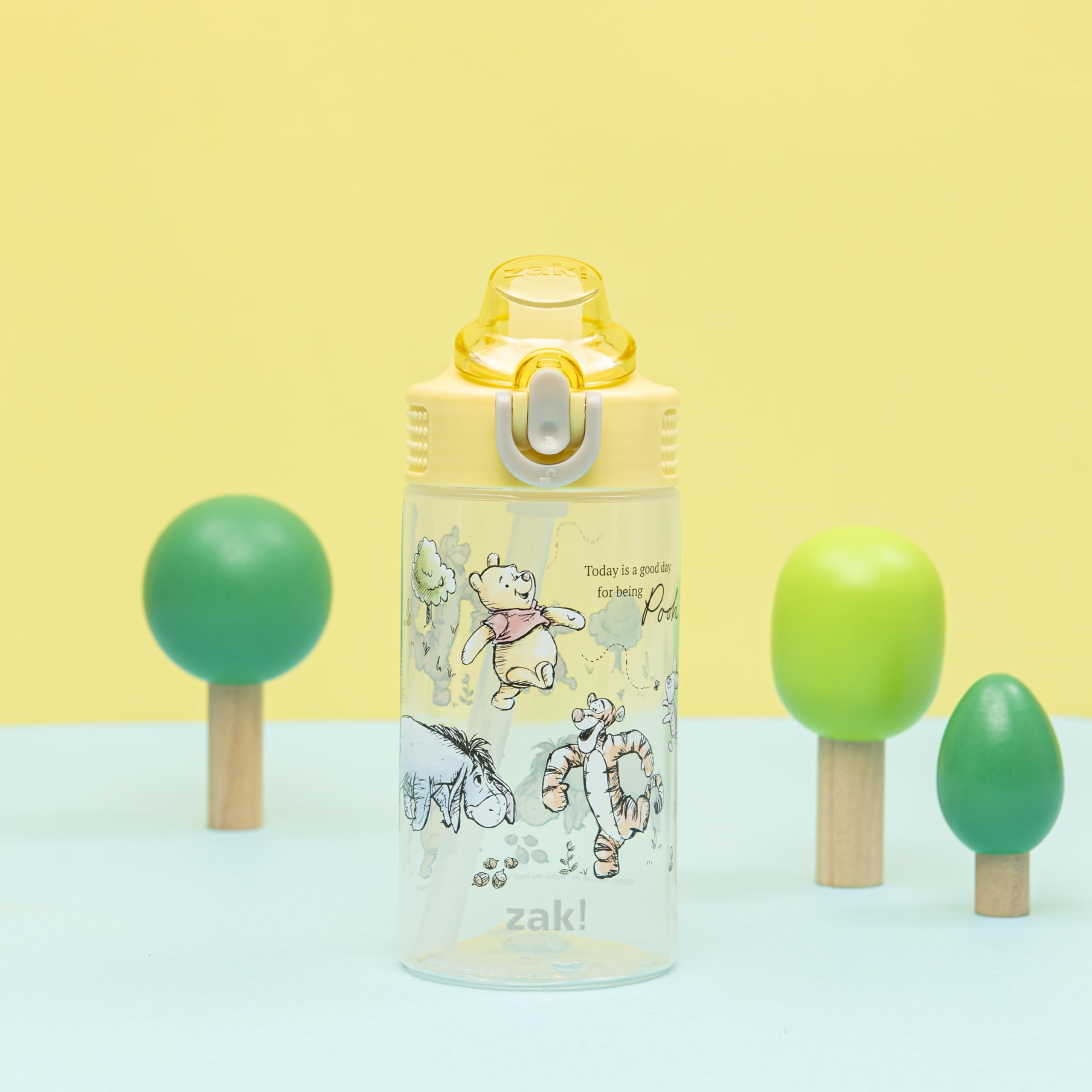 Winnie the Pooh sage bottle straw close-up showing easy sipping for kids
