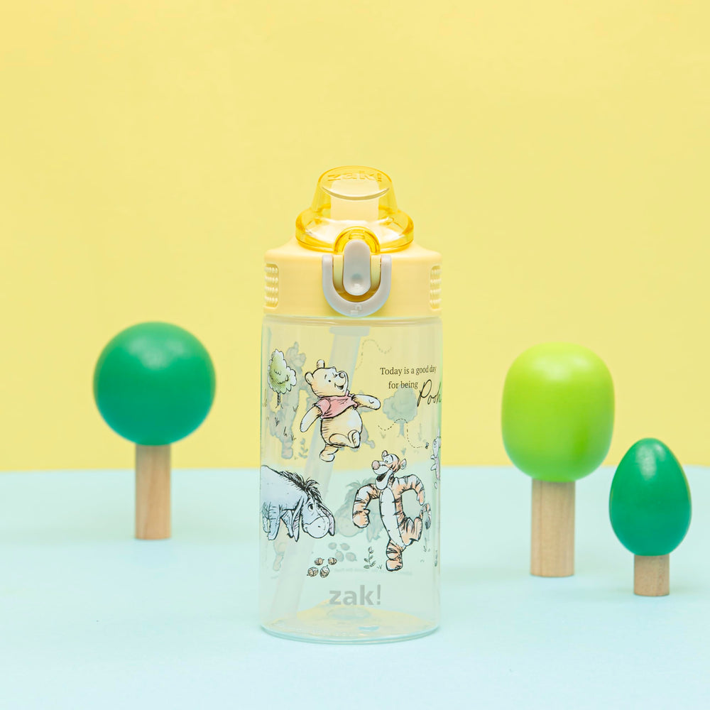 Winnie the Pooh sage bottle straw close-up showing easy sipping for kids