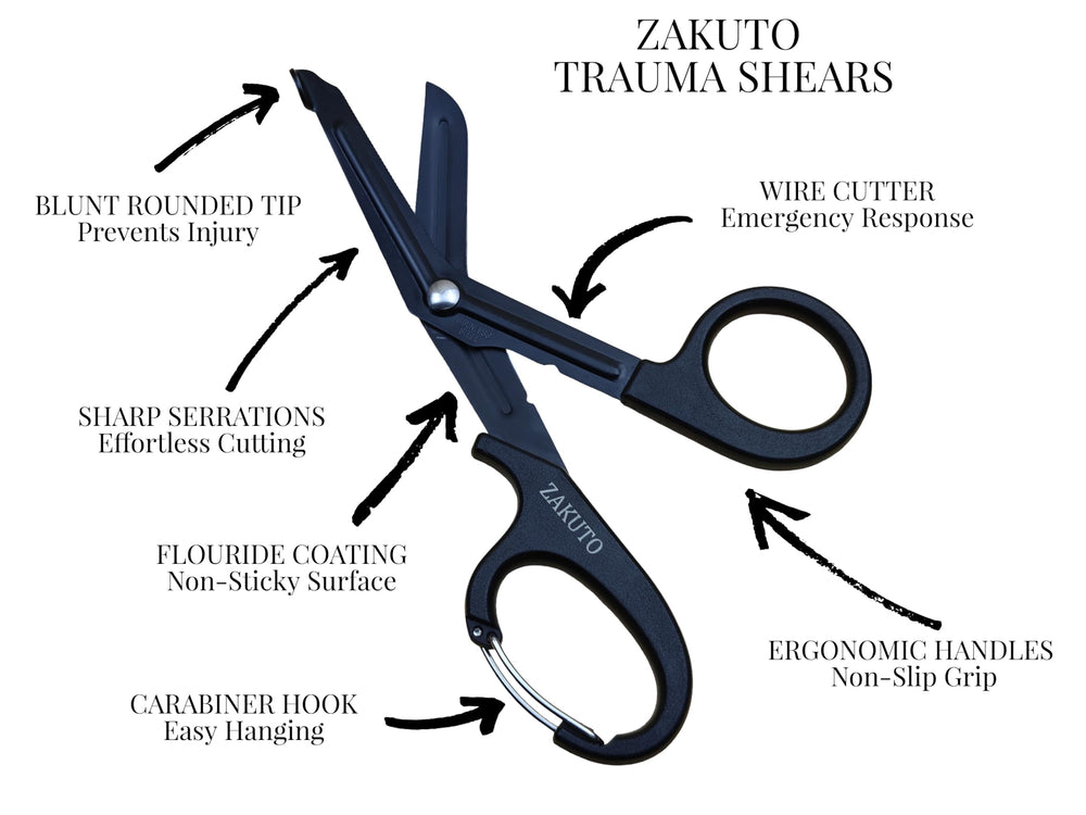 ZAKUTO trauma shears with rounded tip to minimize skin contact near patients