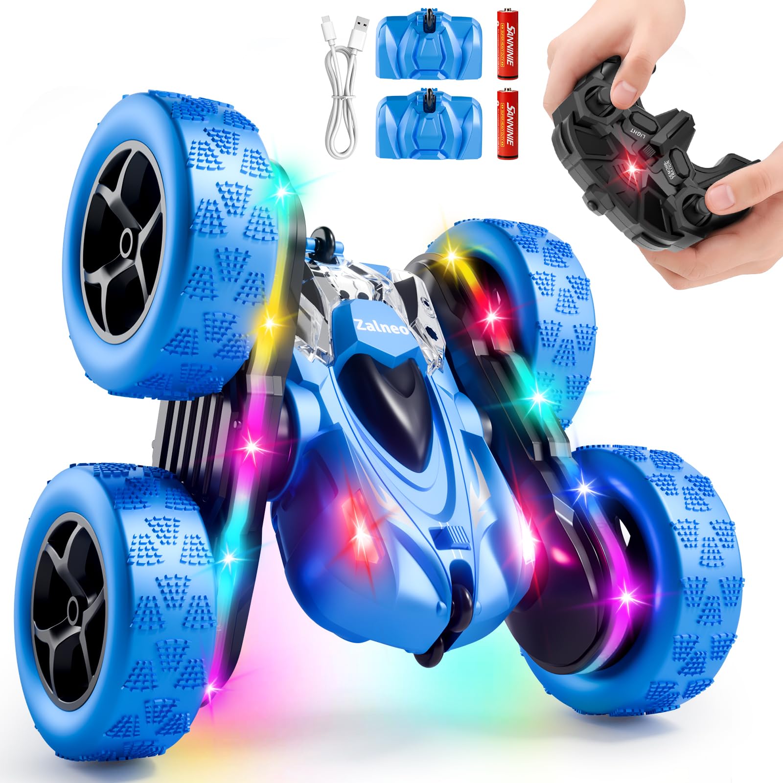Zalneo Remote Control Stunt Car front view showing rugged shell for indoor and outdoor play.