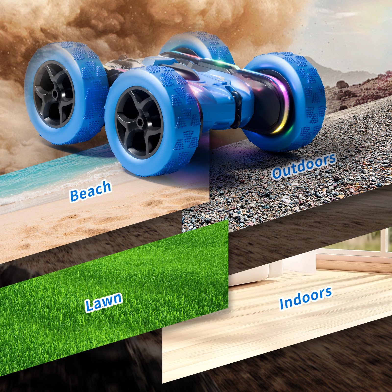 Zalneo outdoor-ready stunt car for beach and garden adventures.