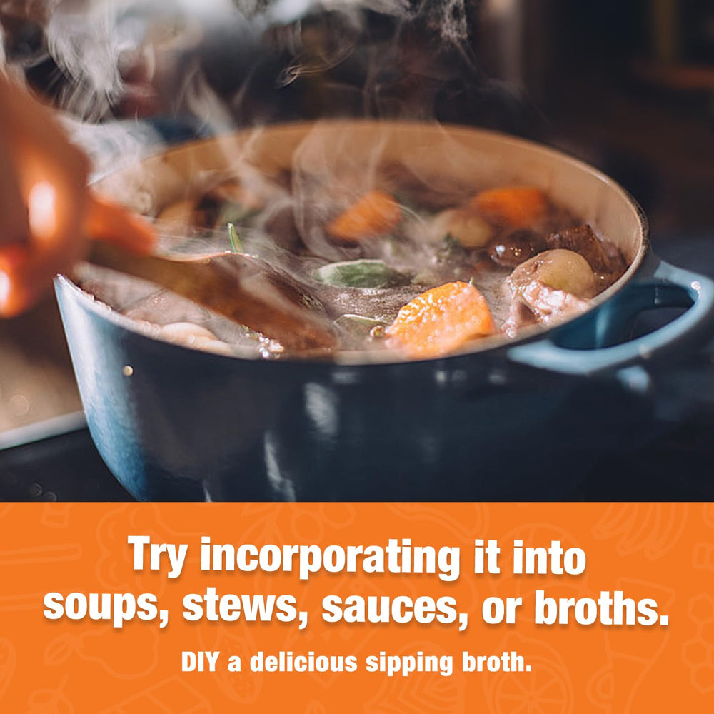 Pouring Zammex bone broth powder into a hot drink for a protein boost