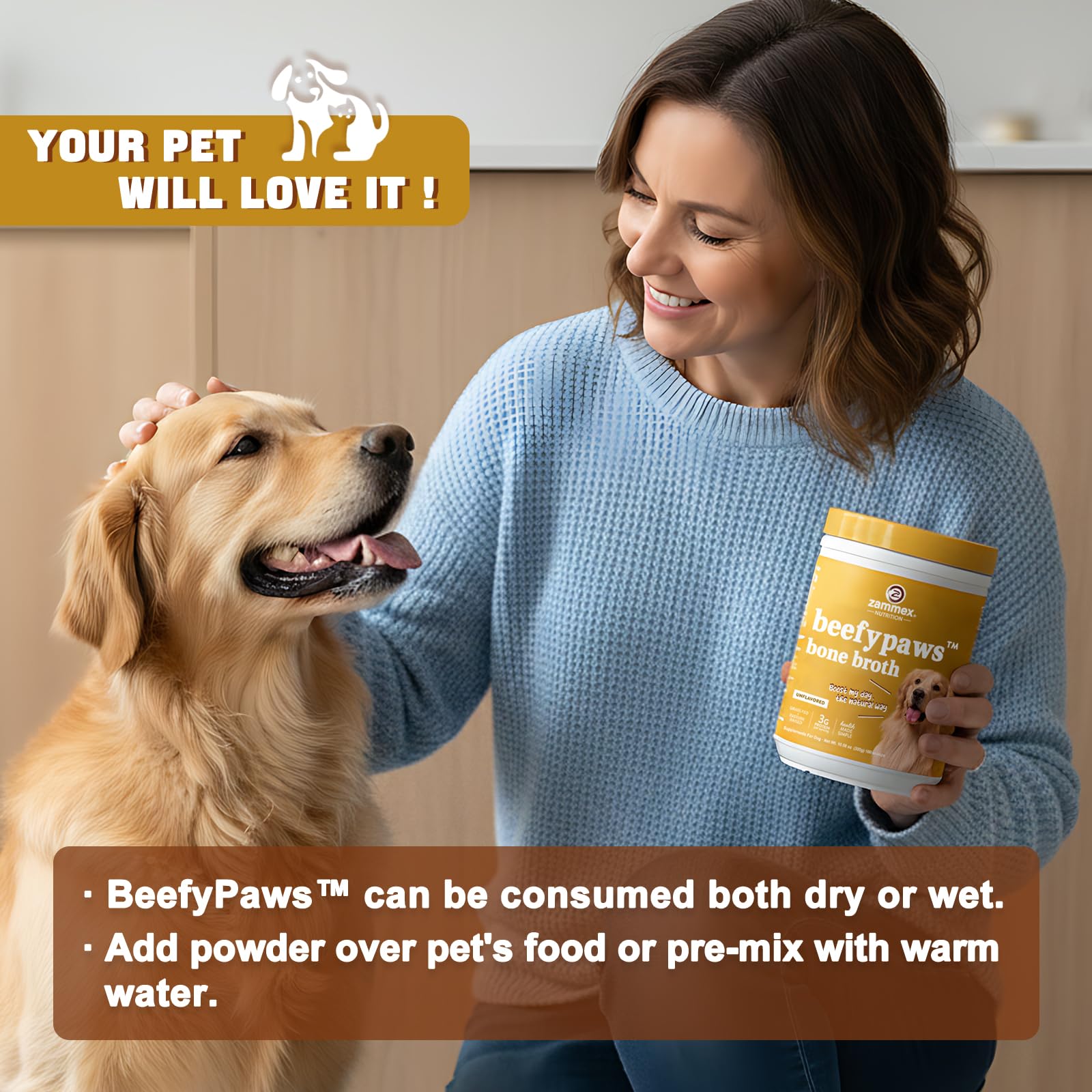 Zammex bone broth topper added in a pet bowl during feeding