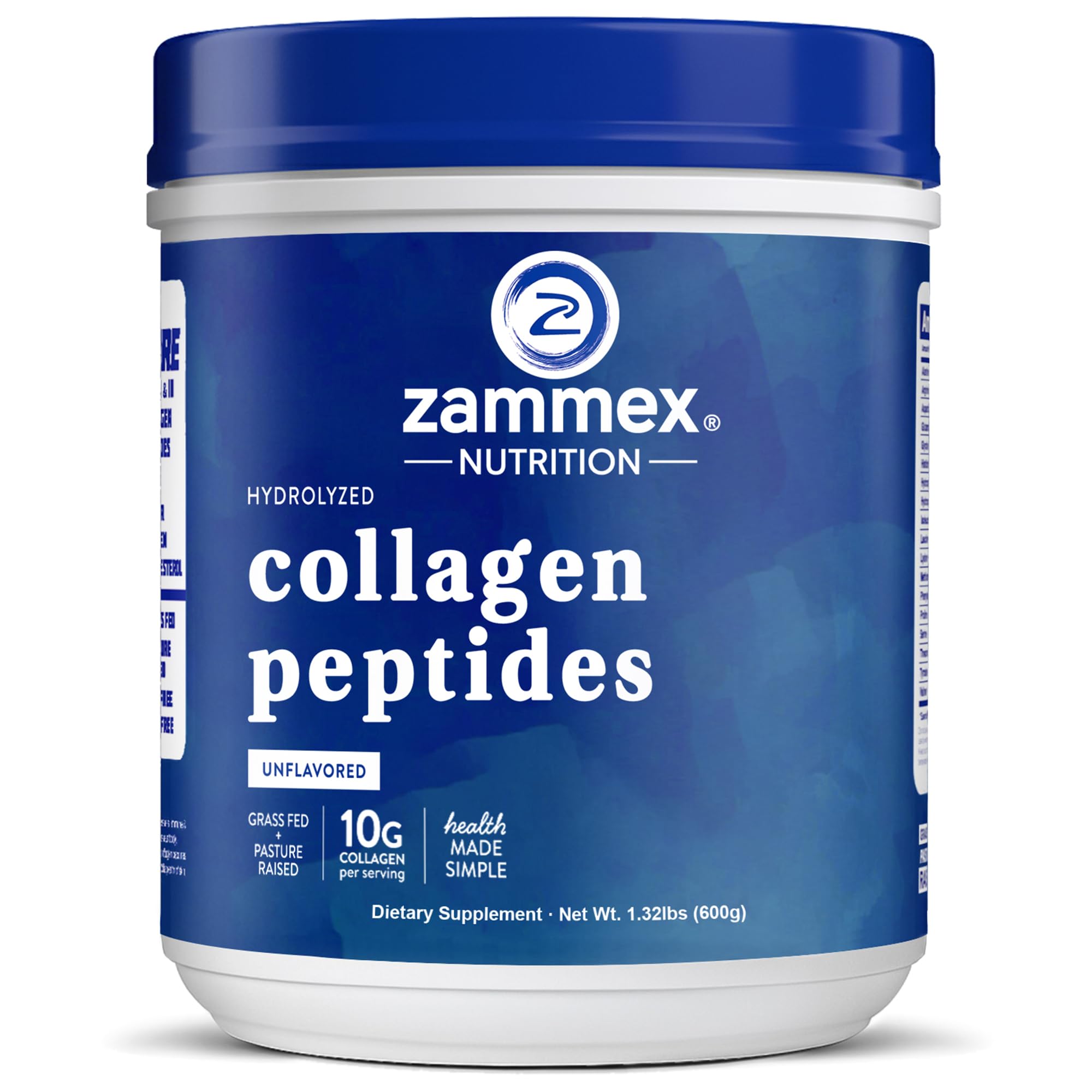 Zammex collagen powder tub front highlighting premium Type I & III formula for skin and joints