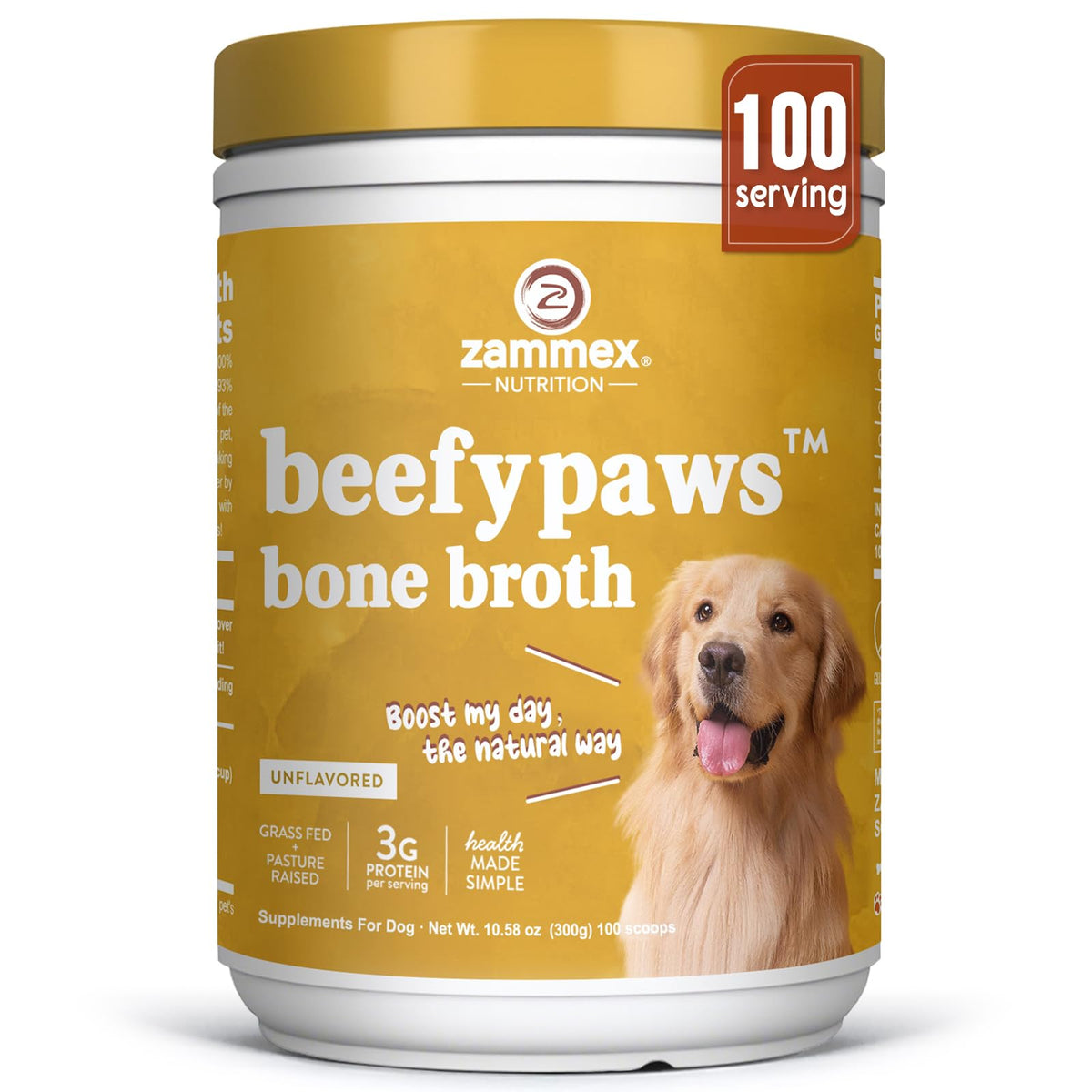 Zammex bone broth powder jar for dogs and cats, ready to top meals