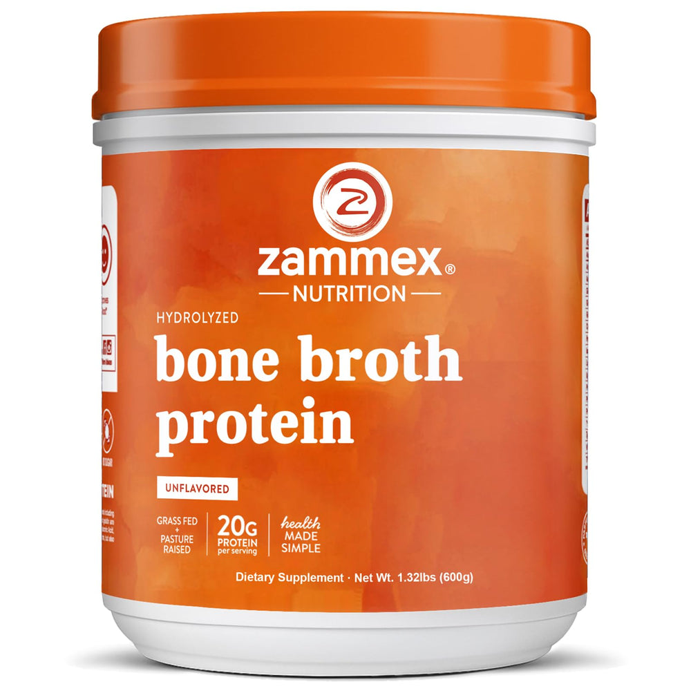 Zammex grass-fed bone broth powder tub showing pure collagen for skin and joints