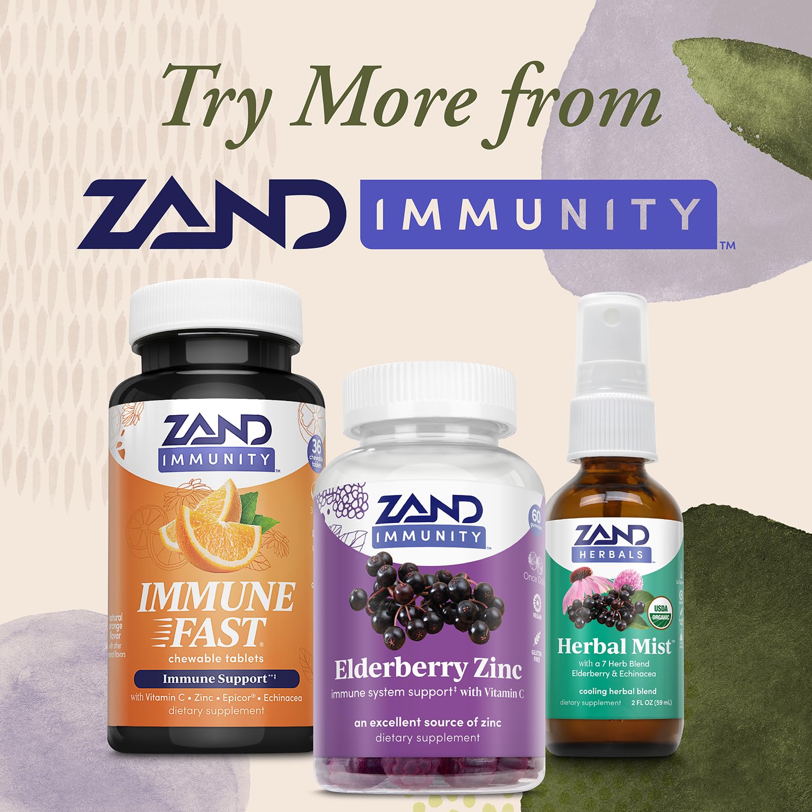 ZAND Elderberry Zinc Immunity Gummies packaging, clear ingredient highlights.
