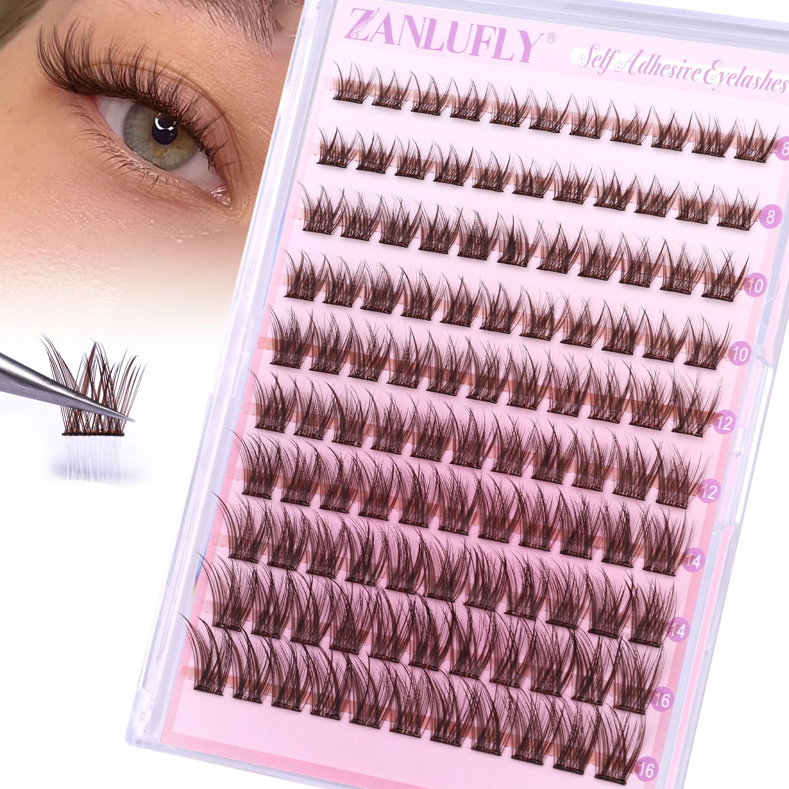 ZANLUFLY brown self-adhesive lashes for a natural day-to-day look without glue.