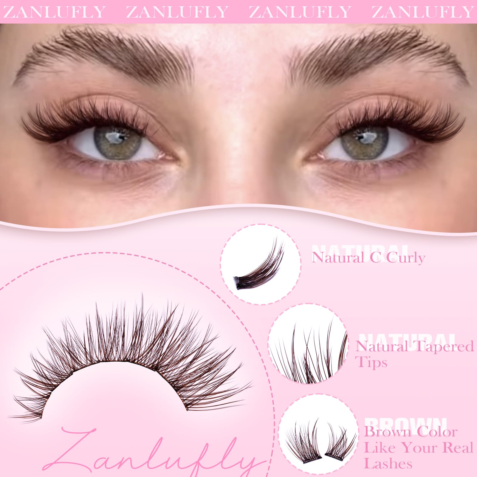 ZANLUFLY dark brown cluster lashes provide natural depth.