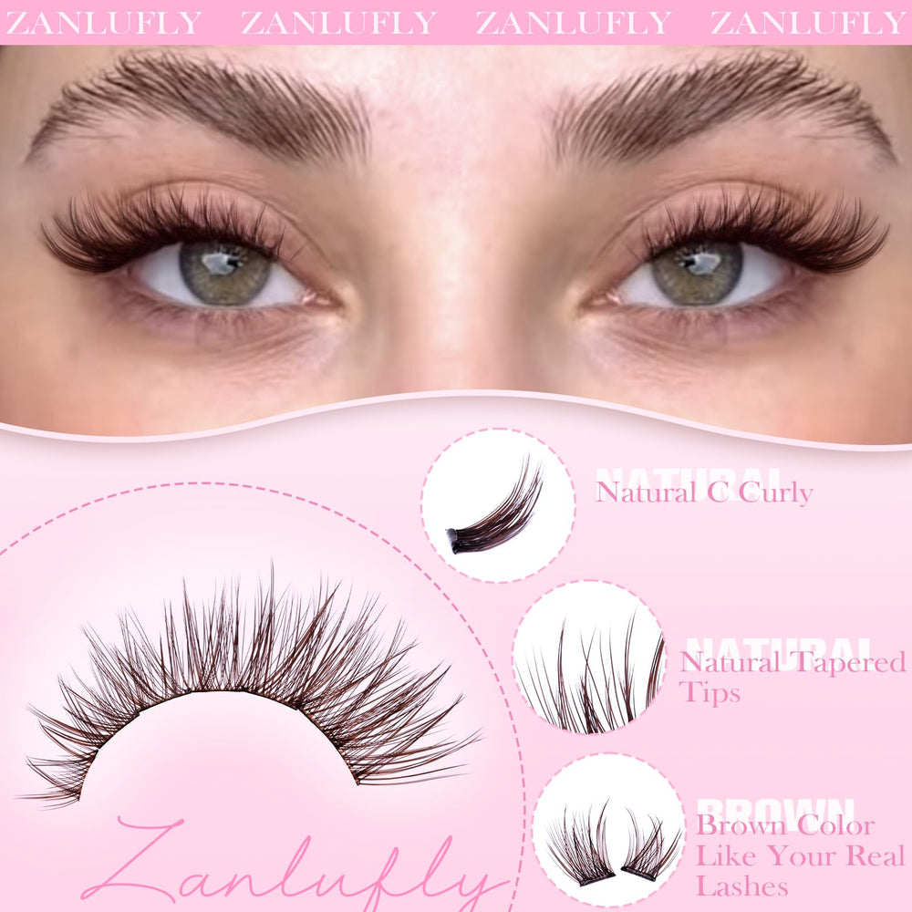 ZANLUFLY dark brown cluster lashes provide natural depth.