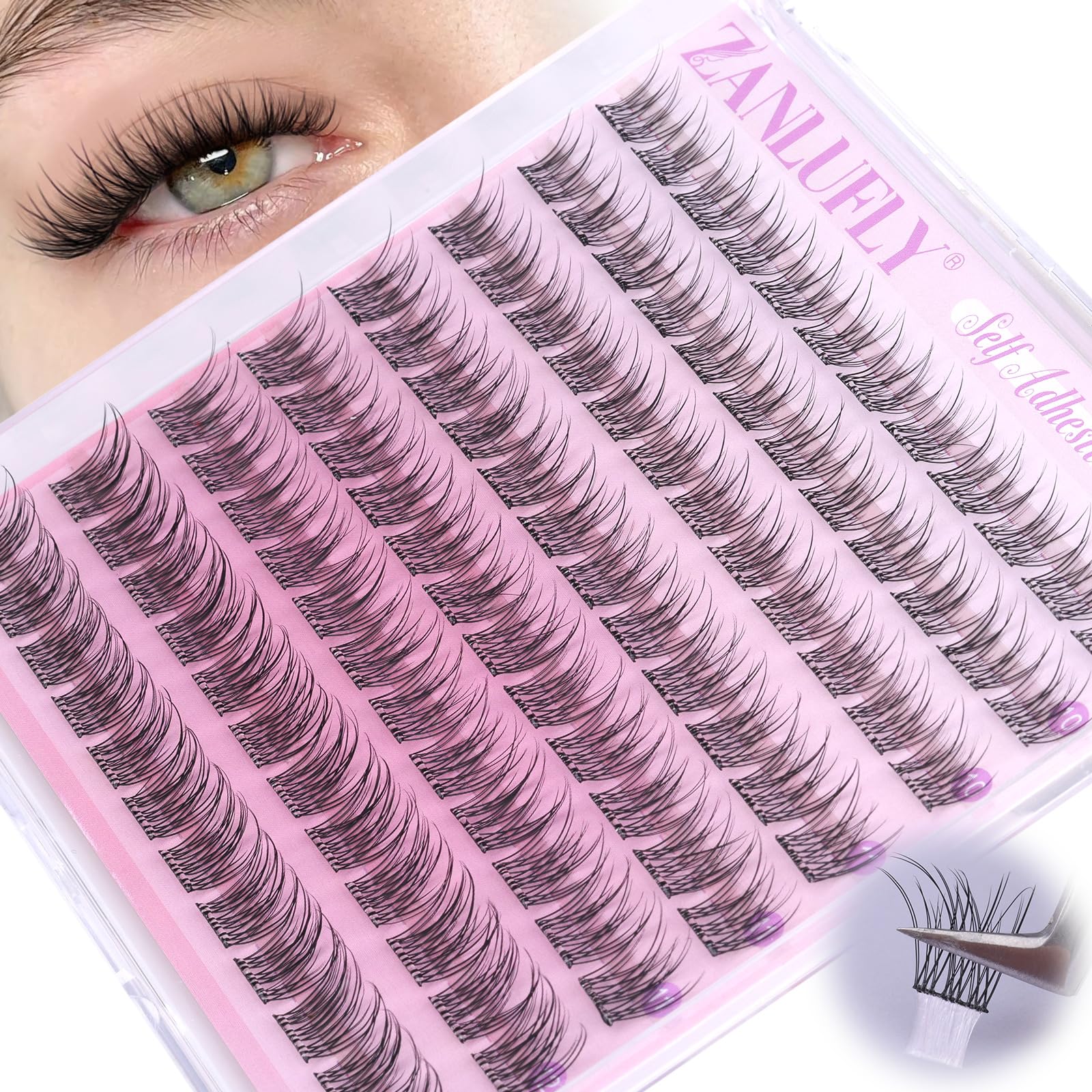 ZANLUFLY self-adhesive lash clusters in 10-12mm for quick, glue-free glam