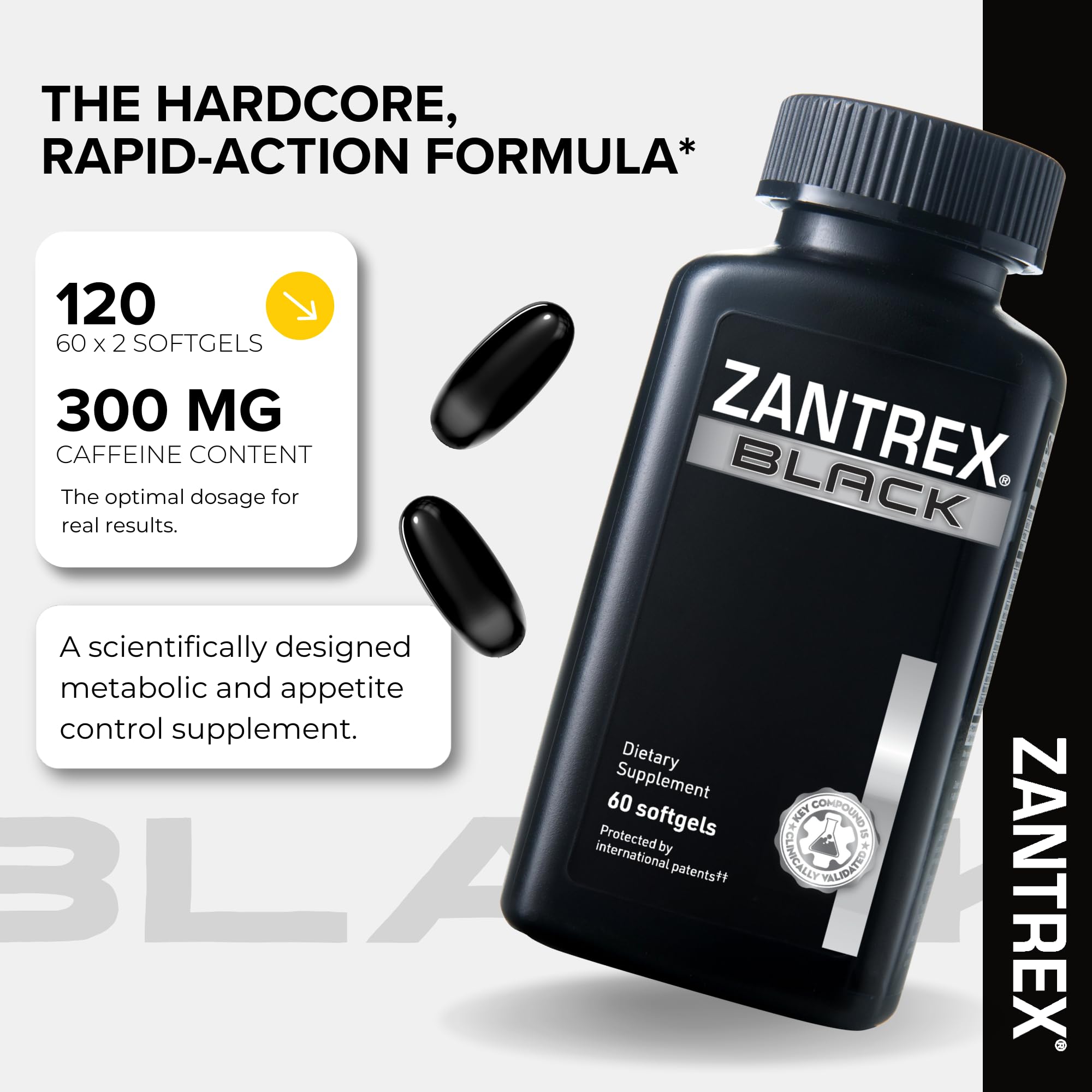 Close-up of Zantrex Black capsules showing practical energy support throughout the day.