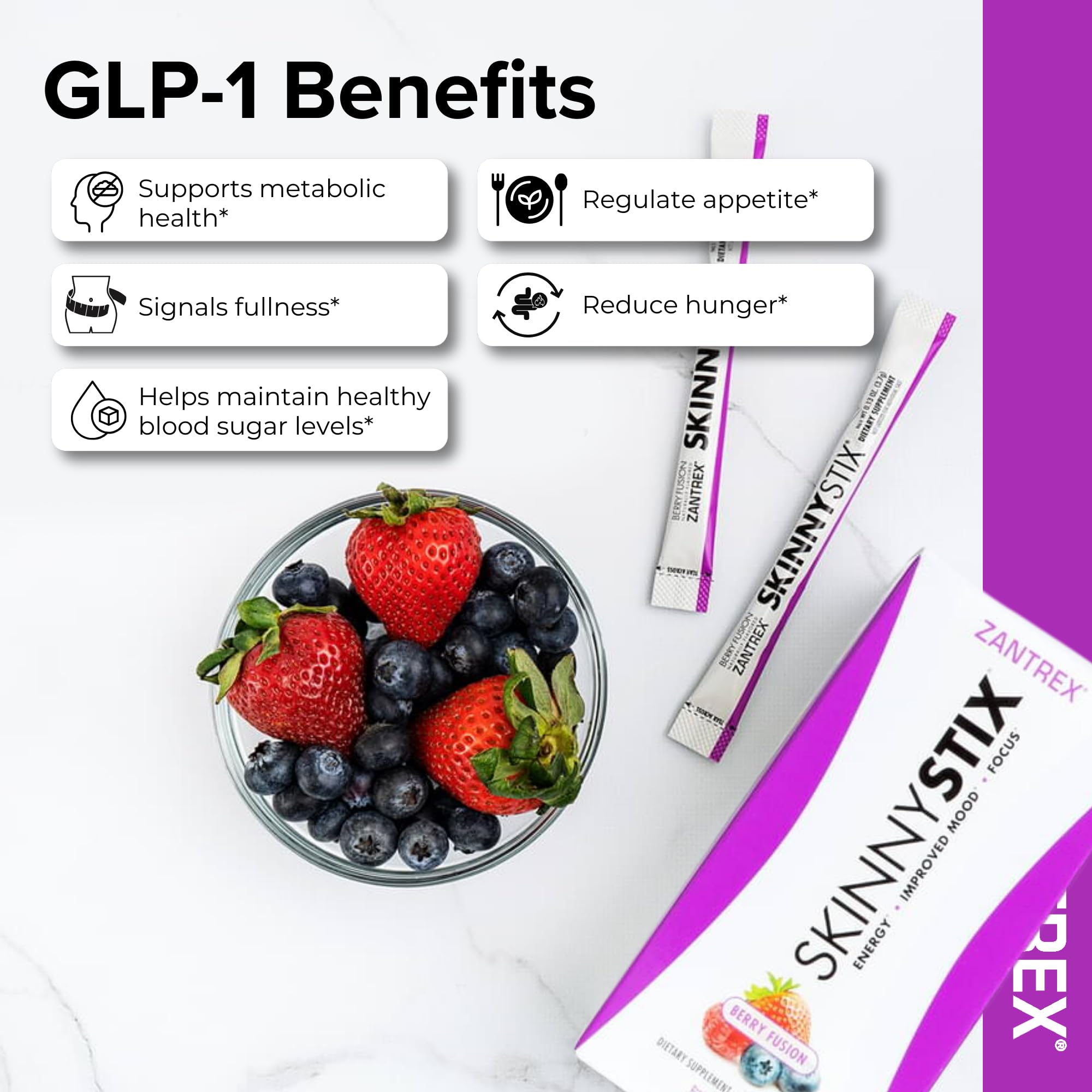 Zantrex SkinnyStix Berry Fusion packaging box on table for convenient on-the-go use