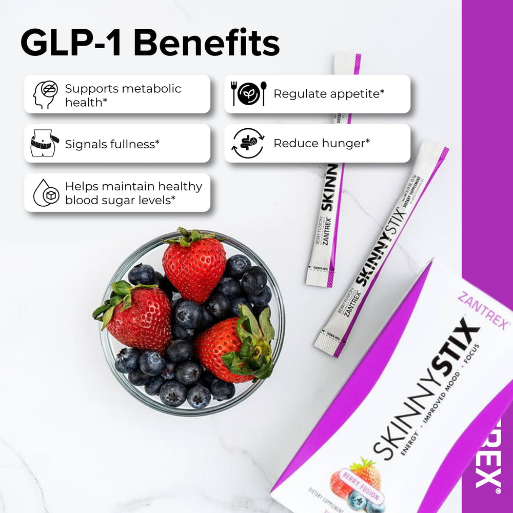 Zantrex SkinnyStix Berry Fusion packaging box on table for convenient on-the-go use