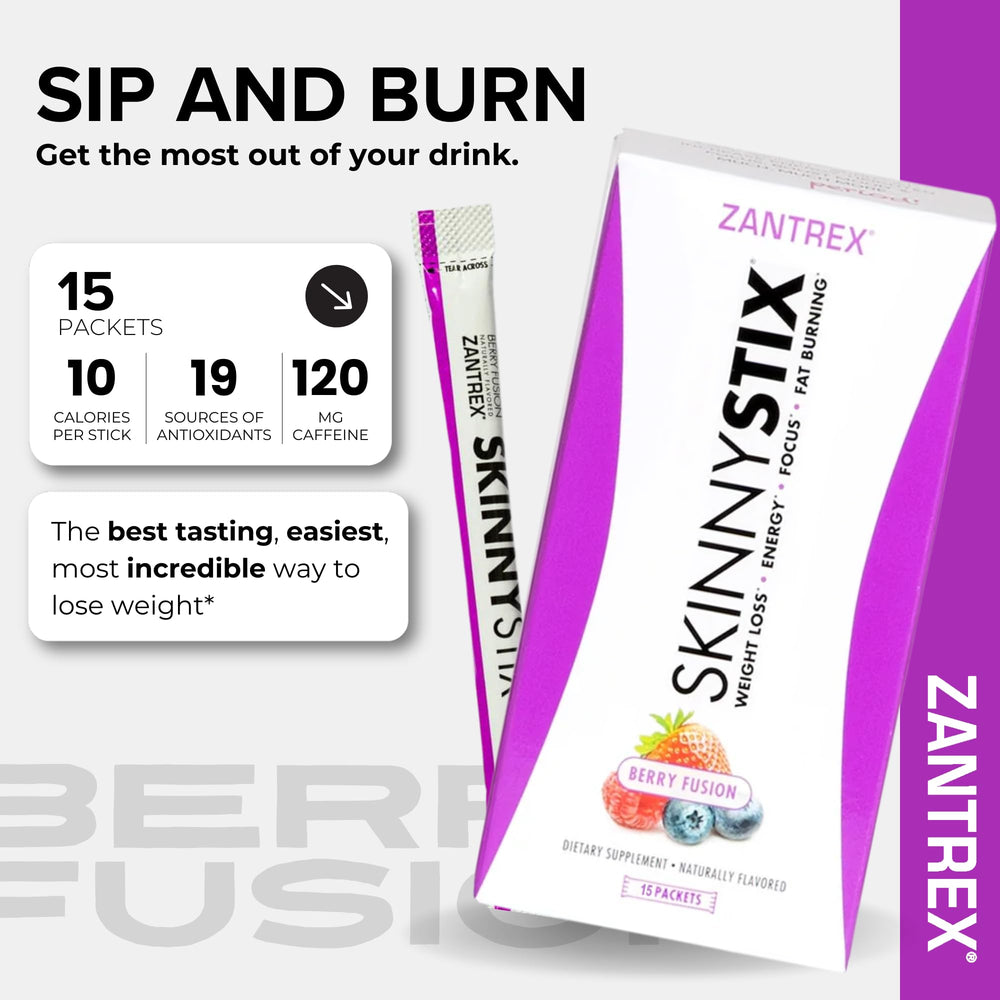 Zantrex SkinnyStix Berry Fusion packet back with usage tips for daily routine