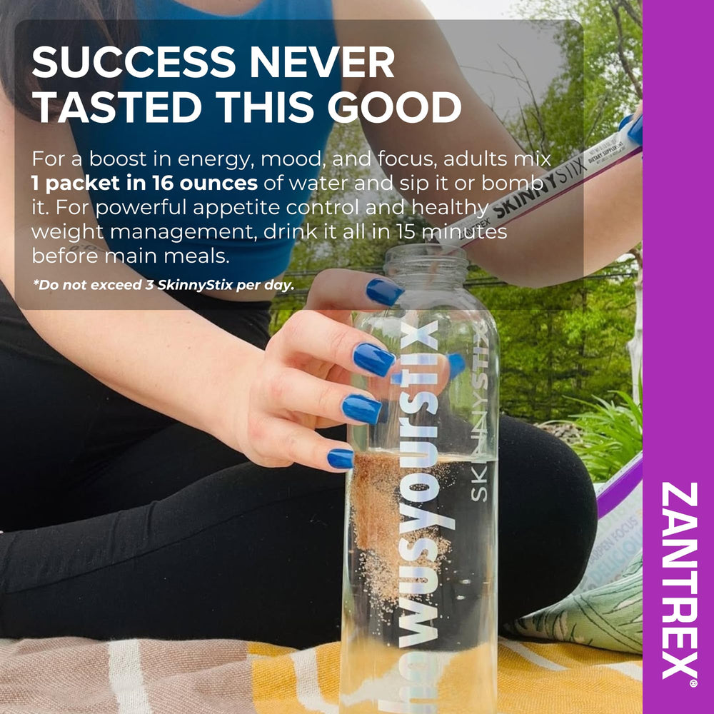 Zantrex SkinnyStix Berry Fusion packet dissolving in water for quick mix