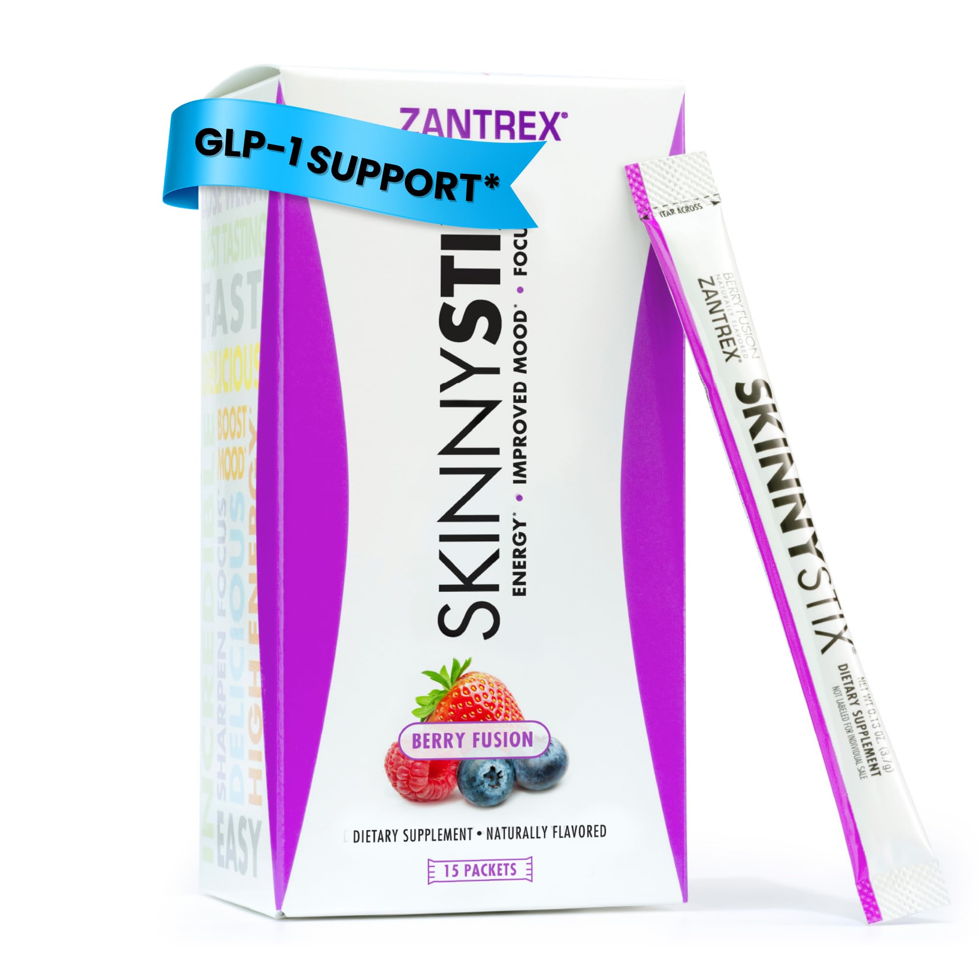 Zantrex SkinnyStix Berry Fusion packet front showing portable energy and flavor