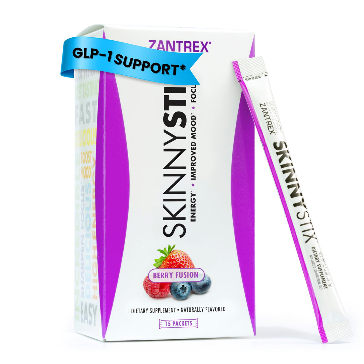 Zantrex SkinnyStix Berry Fusion packet front showing portable energy and flavor