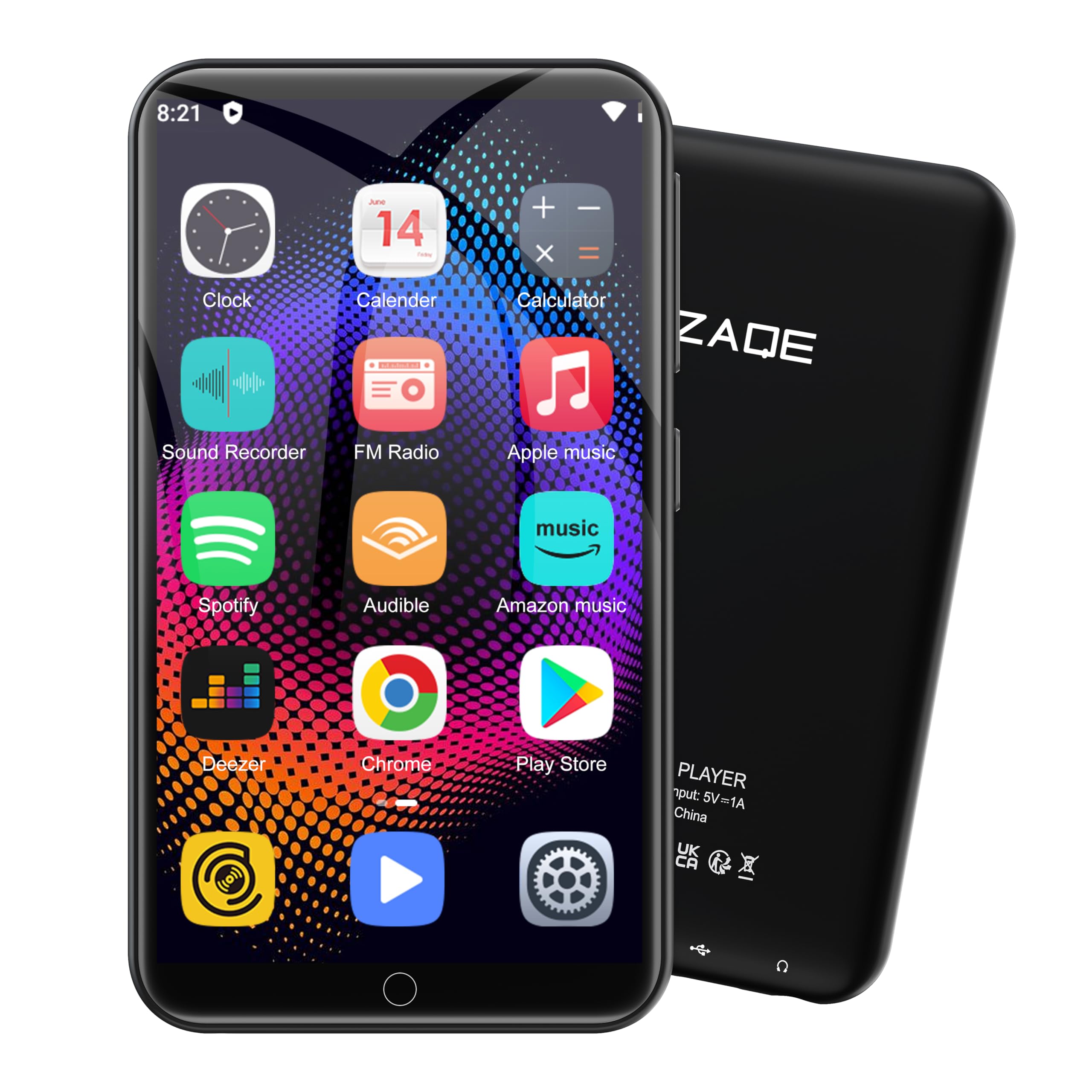 ZAQE MP3 Player Bluetooth and WiFi icons indicating wireless listening.