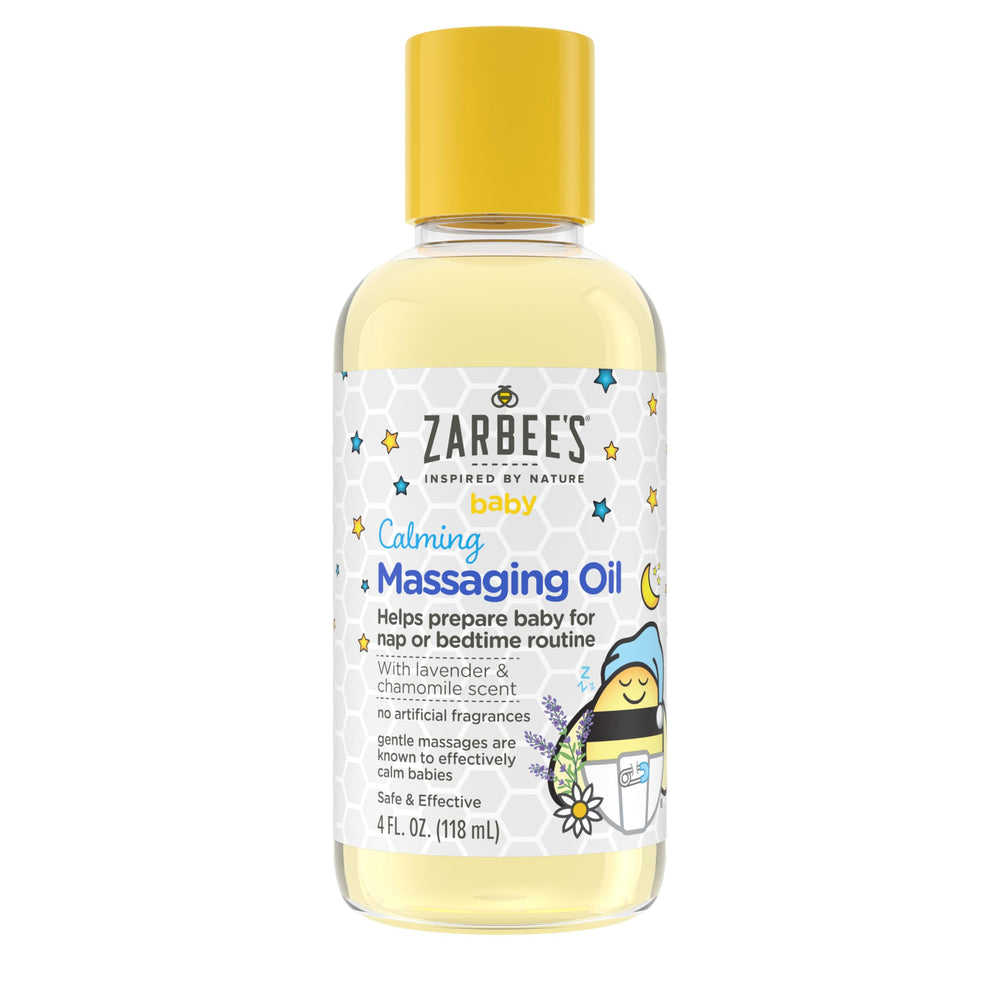 Zarbee's Baby Massage Oil bottle with lavender and chamomile for bedtime calm.