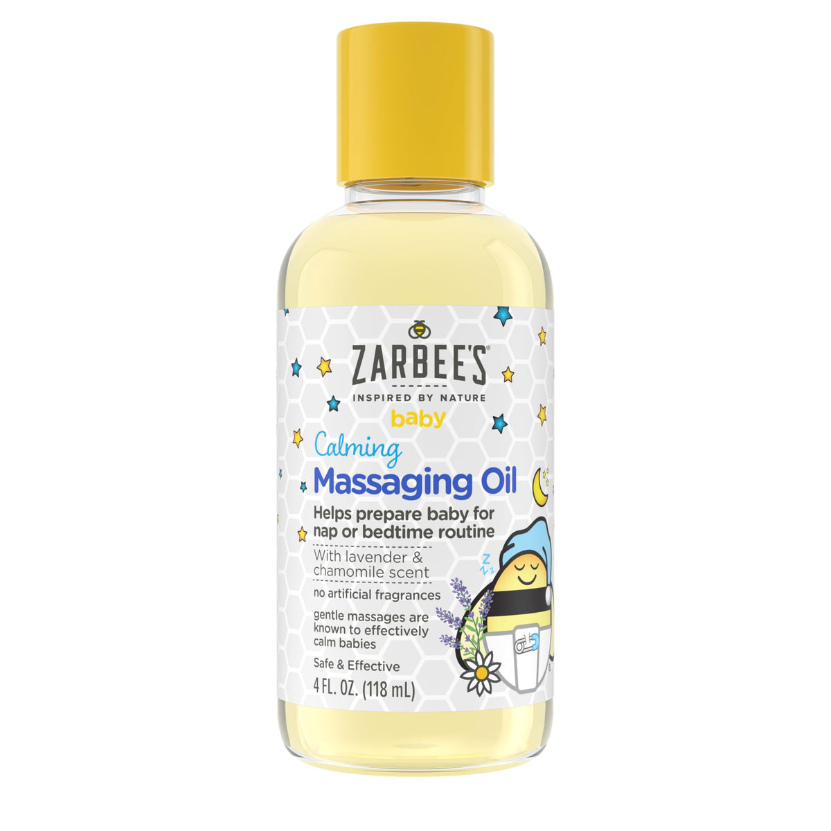 Zarbee's Baby Massage Oil bottle with lavender and chamomile for bedtime calm.
