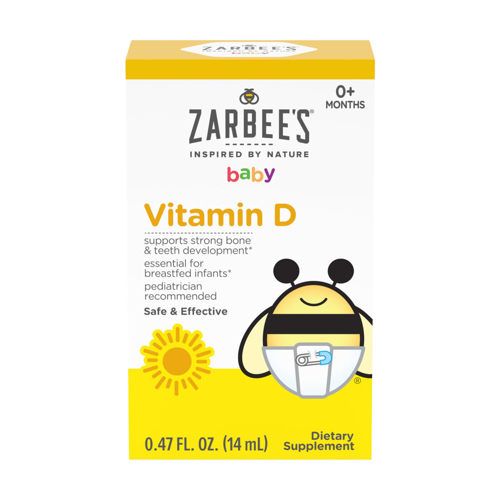 Zarbee's Baby Vitamin D Drops bottle front showing 400 IU per serving for bone development