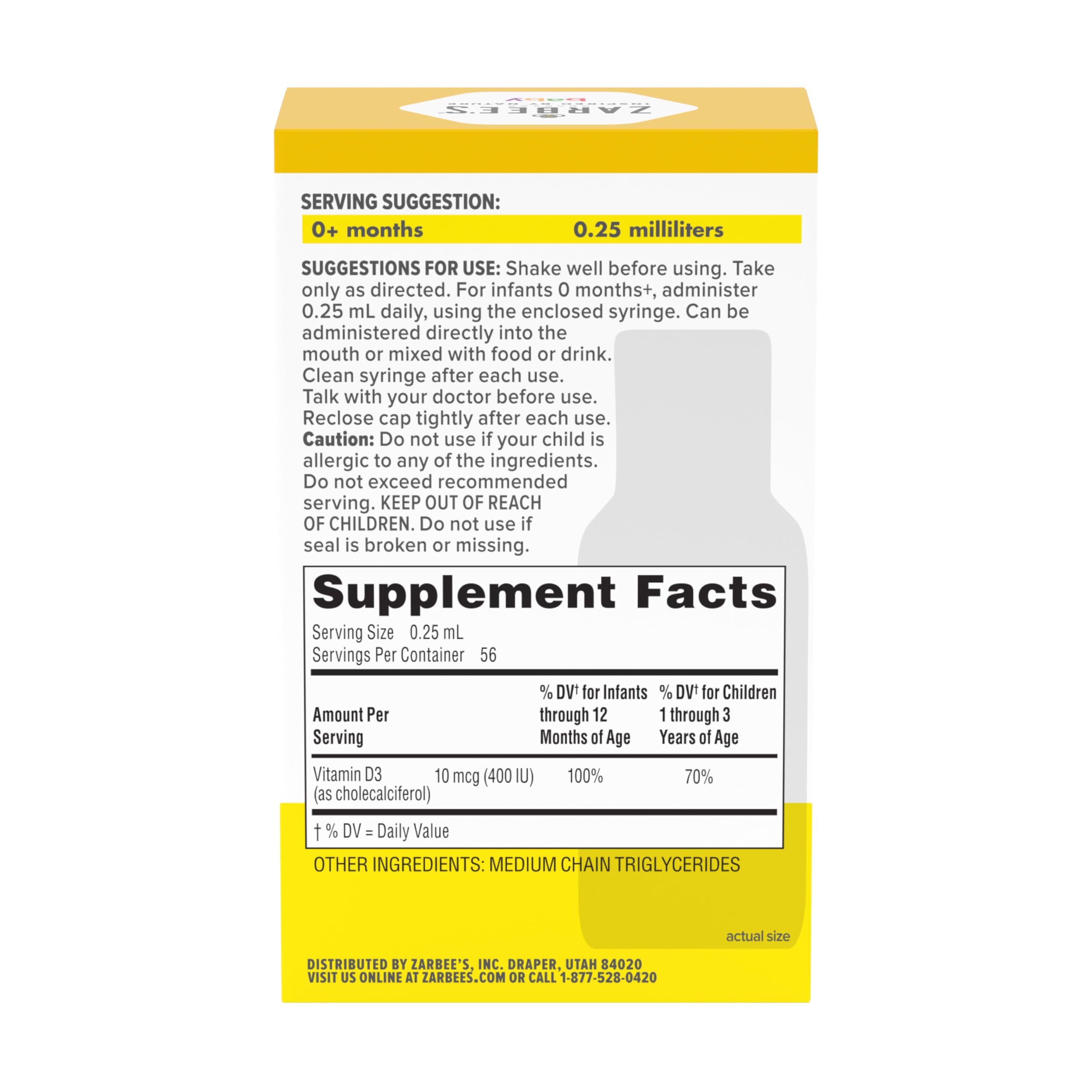 Box shows newborn and up usage for Zarbee's Vitamin D Drops