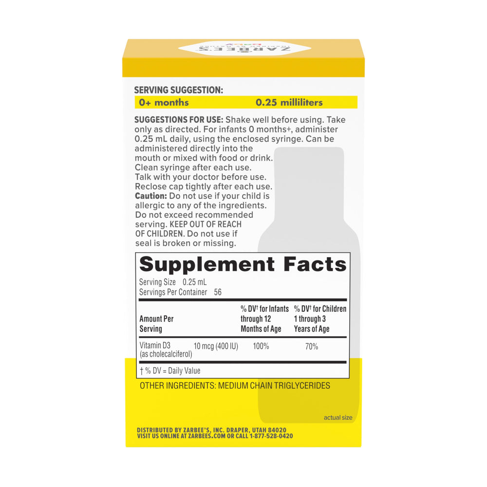 Box shows newborn and up usage for Zarbee's Vitamin D Drops
