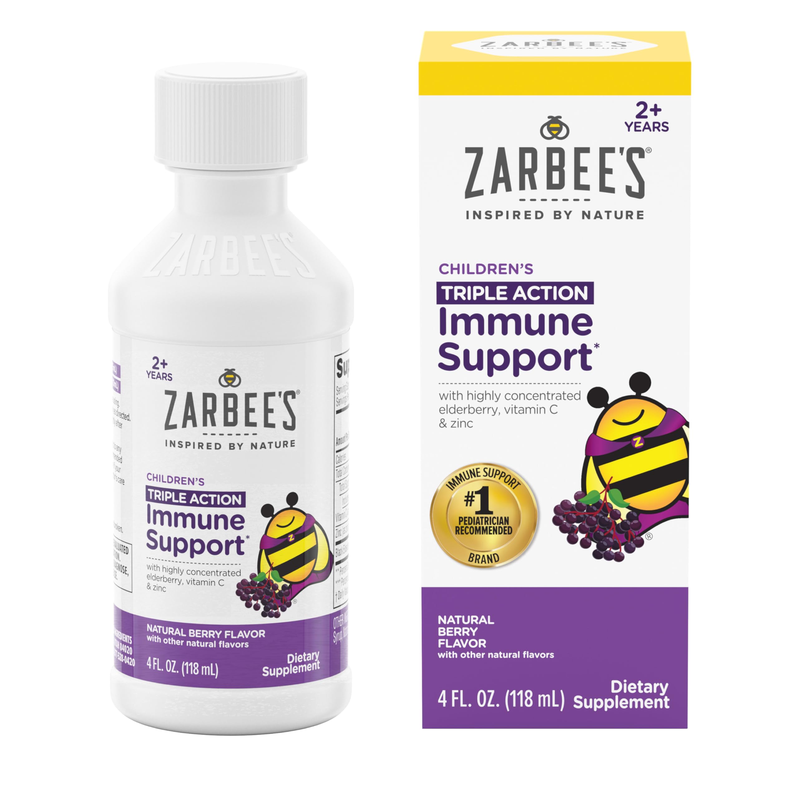 Zarbee's Berry-flavored elderberry syrup bottle for kids promotes easy daily use.