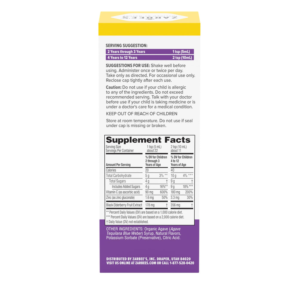 Zarbee's Children immunity syrup offers elderberry-based support for ages 2+.