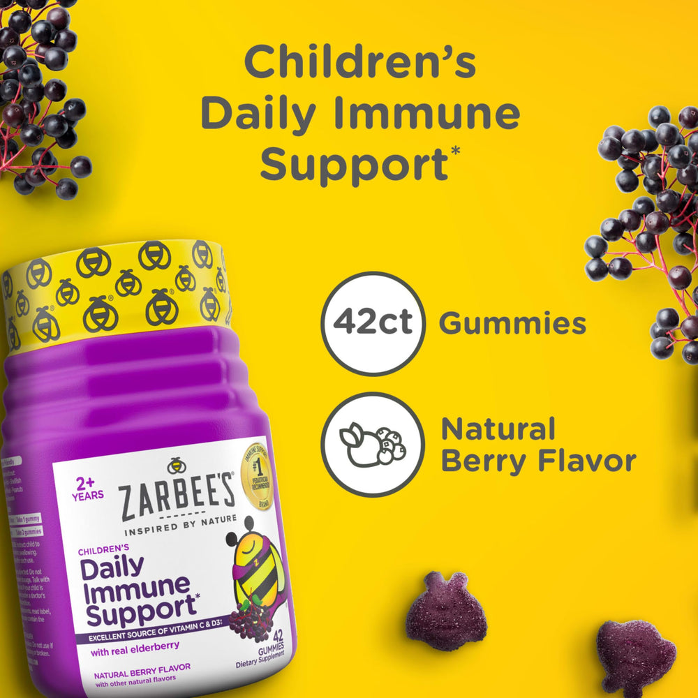 Zarbee's Kids Elderberry bottle label highlights vitamins and zinc for daily immune support.