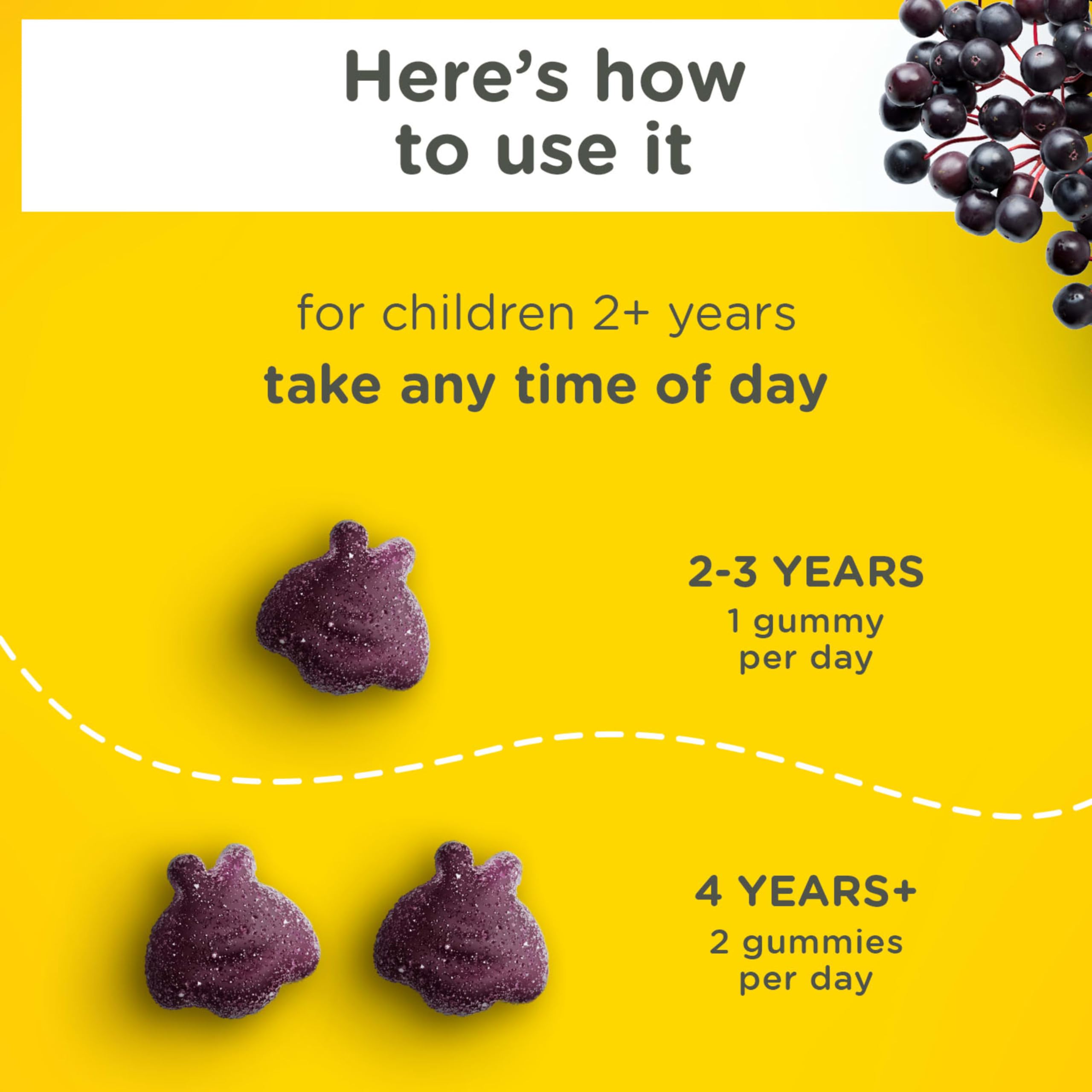 Zarbee's dosing for ages 4+: two gummies daily.