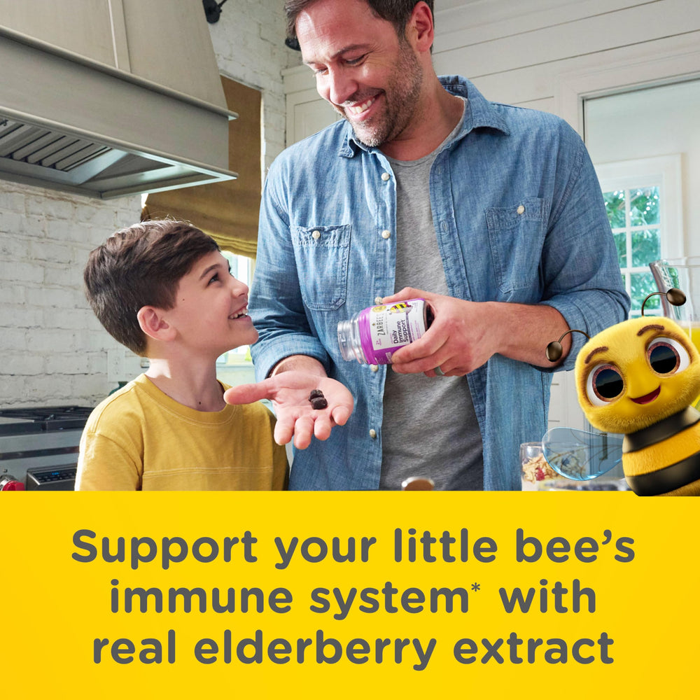 Kids select Zarbee's gummies during a morning routine.