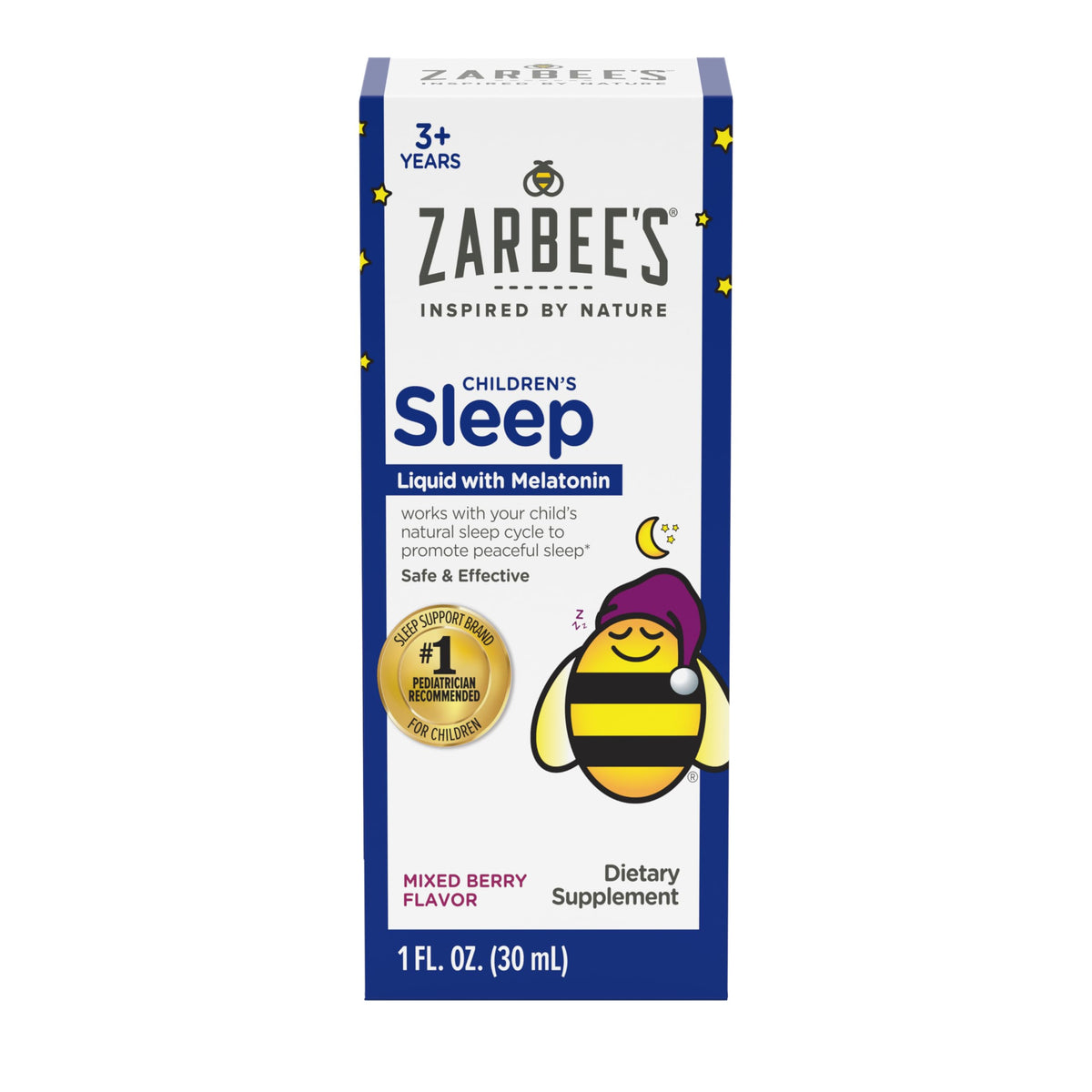 Zarbee’s Kids Melatonin liquid bottle pour supports gentle bedtime routine