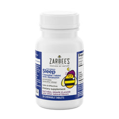 Close-up of Zarbee's Kids melatonin tablets with grape flavor