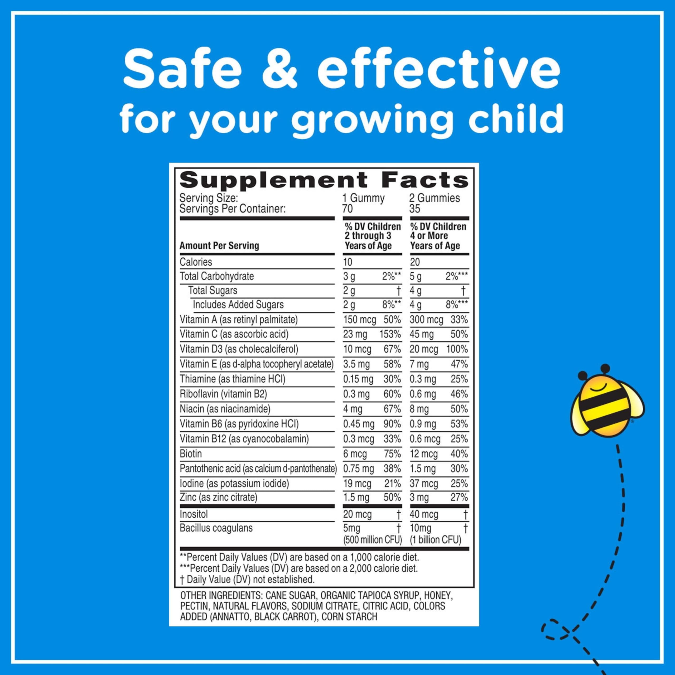 Zarbee's complete gummies label illustration emphasizing essential vitamins for kids.