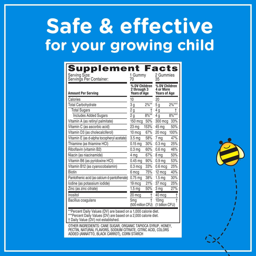 Zarbee's complete gummies label illustration emphasizing essential vitamins for kids.