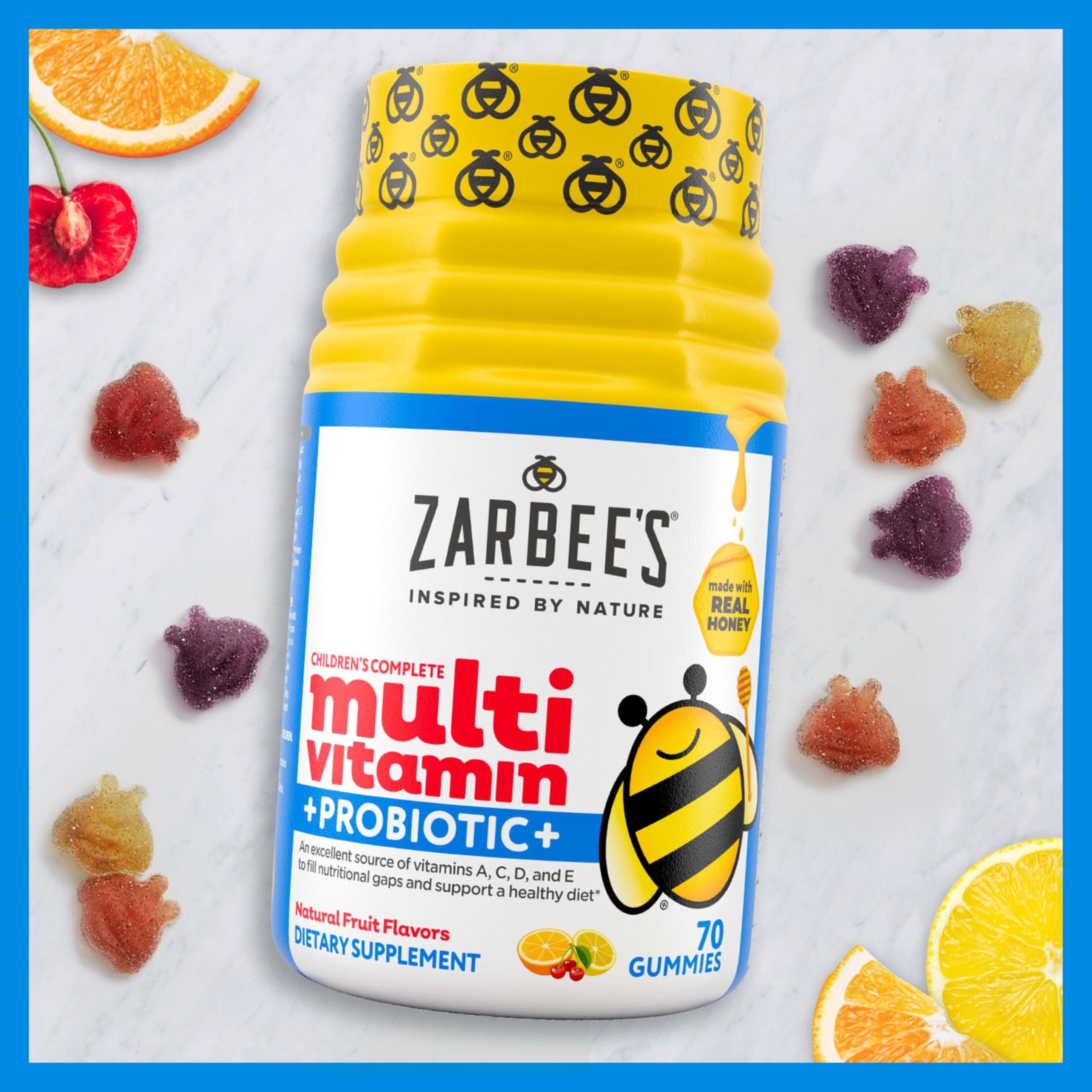 Zarbee's label close-up showing 13 vitamins and probiotic benefits for growing kids.