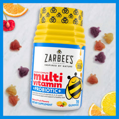 Zarbee's label close-up showing 13 vitamins and probiotic benefits for growing kids.