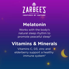Zarbee's Sleep & Immune Gummy 30ct bottle label highlights melatonin and immune ingredients for kids