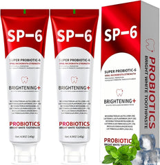 Zaucet SP-6 probiotic toothpaste bottle highlighting enamel-safe whitening and fresh mint aroma
