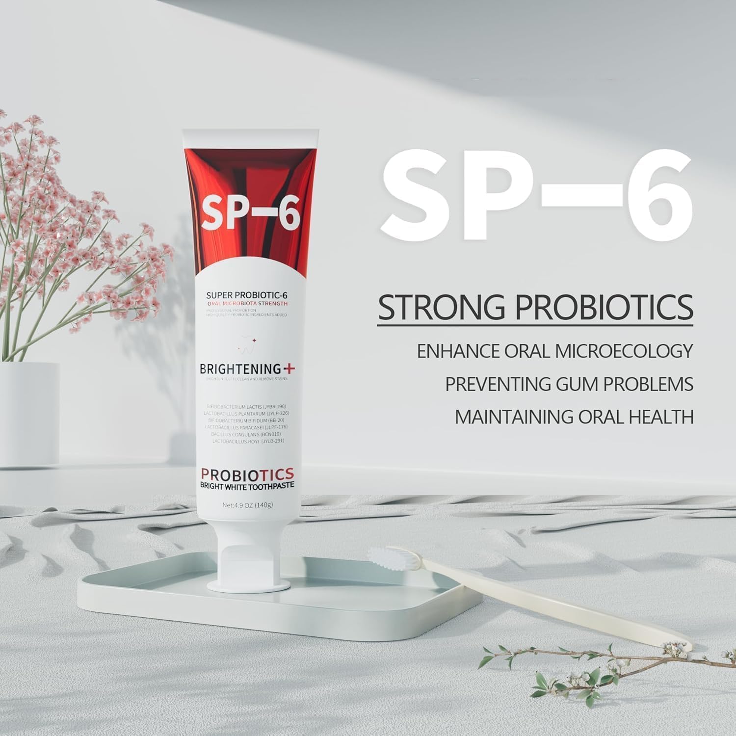 Zaucet SP-6 probiotic toothpaste tube on bathroom shelf with fluoride-free formula