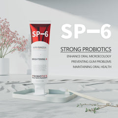 Zaucet SP-6 probiotic toothpaste tube on bathroom shelf with fluoride-free formula