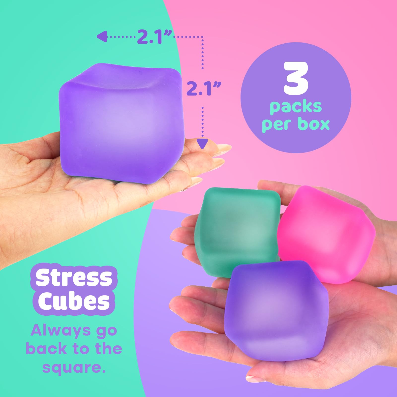 ZaxiDeel stress cube 3-pack handheld size fits your palm for discreet use.