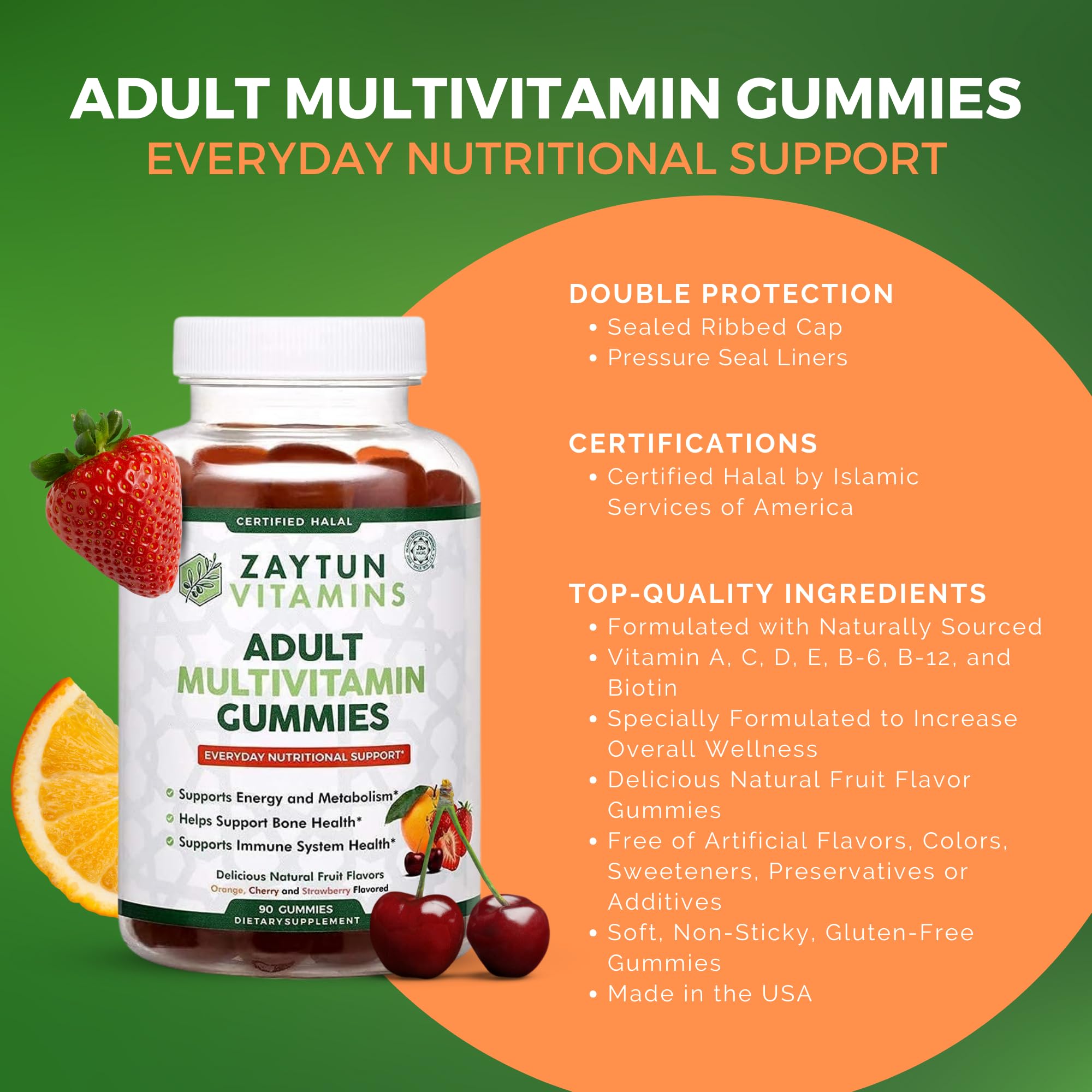 Zaytun Halal Adult Multivitamin Gummies ingredients panel with vitamins and minerals
