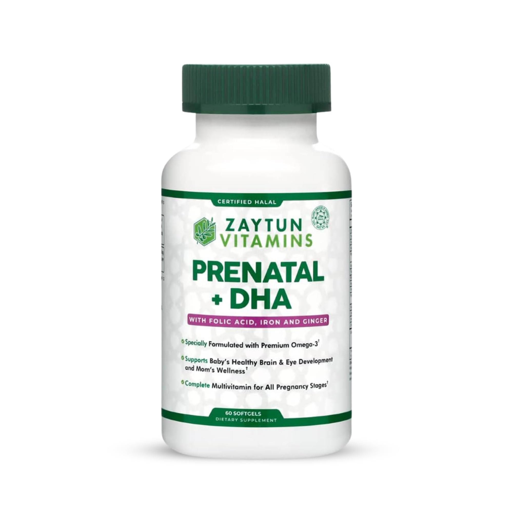 Zaytun Halal Prenatal DHA softgel bottle for daily essential nutrients during pregnancy.