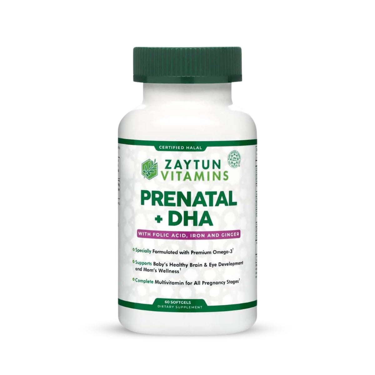 Zaytun Halal Prenatal DHA softgel bottle for daily essential nutrients during pregnancy.