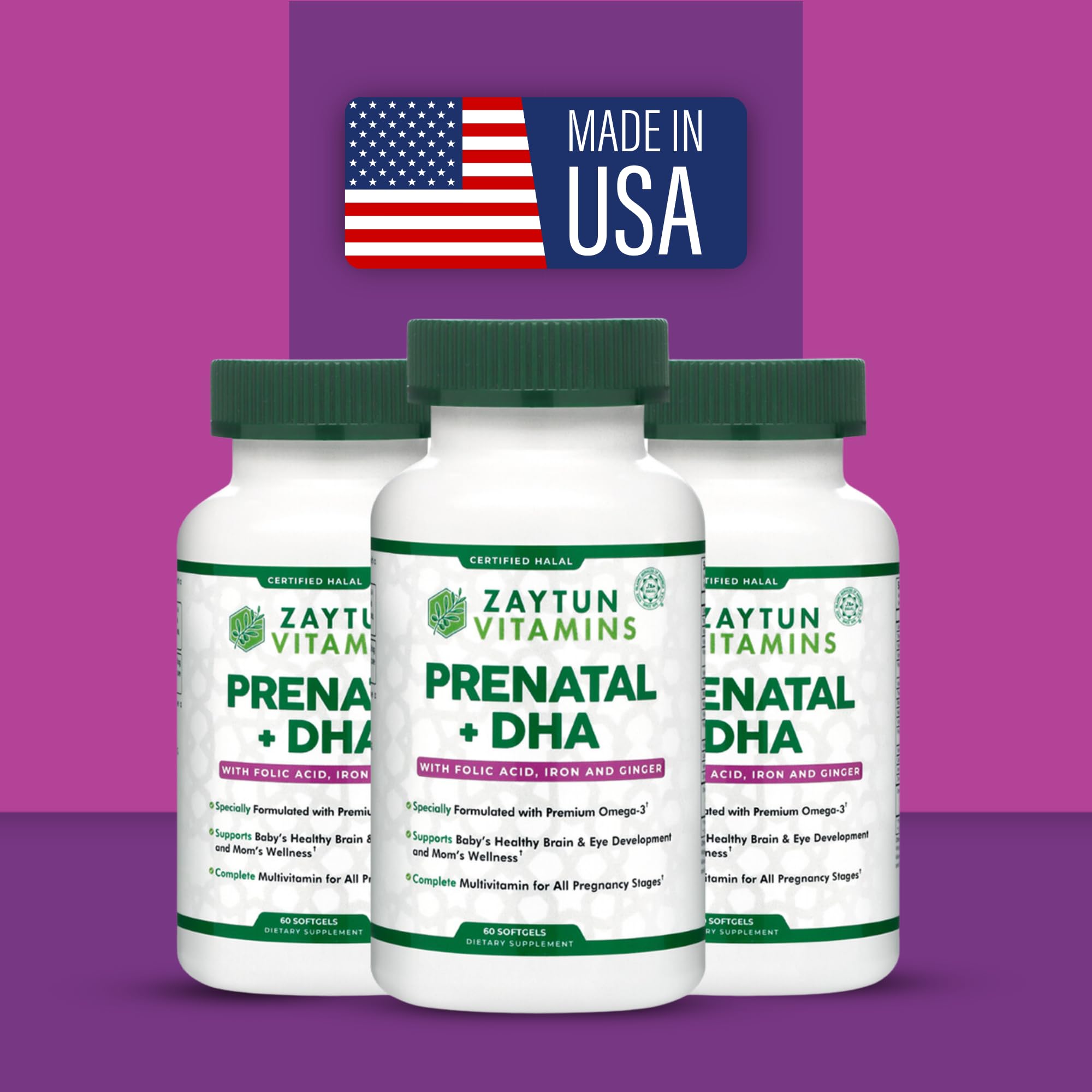 Zaytun prenatal vitamins next to fresh fruit highlighting balanced nutrition.